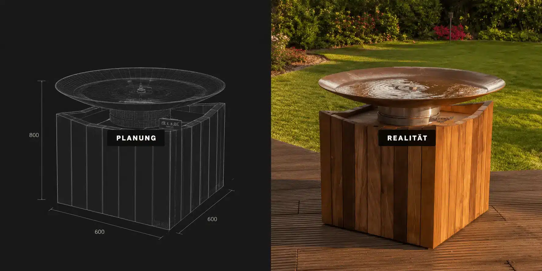 Bauplan und fertiger Springbrunnen im Vergleich, 3D-Entwurf trifft Garten